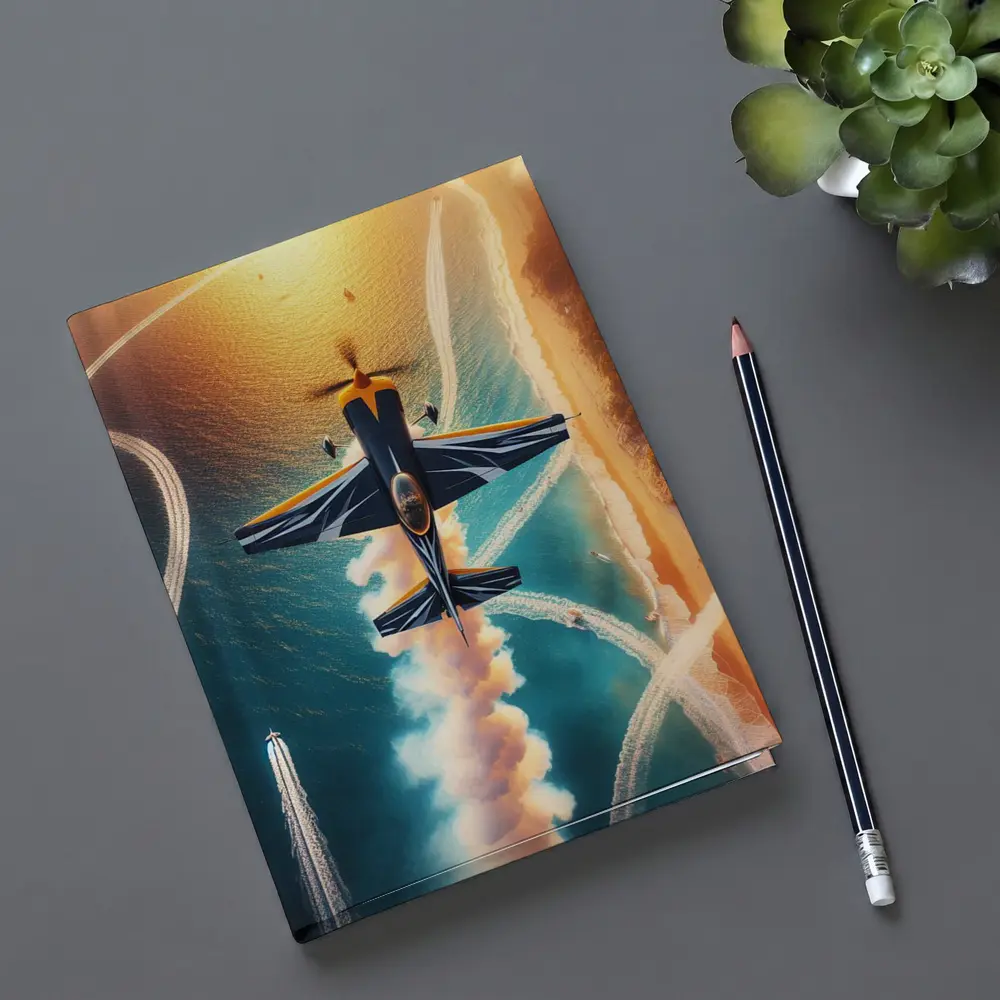 Aerobatic Plane Smoke Trail Over Coastal Water – Notebooks