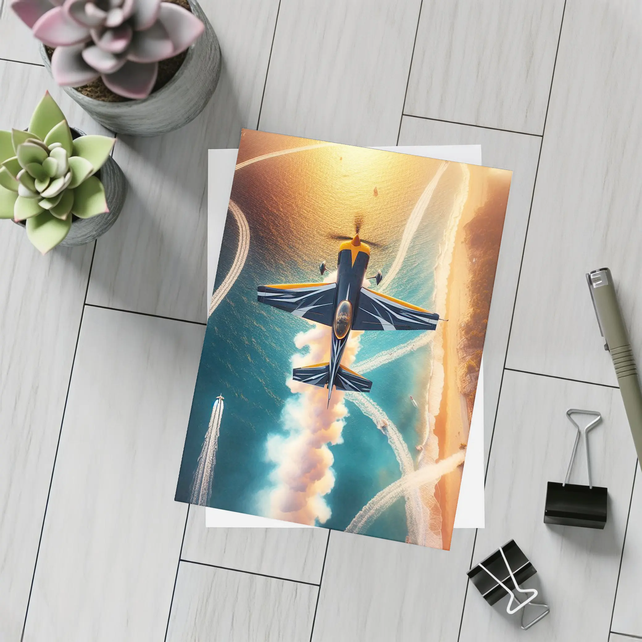 Aerobatic Plane Smoke Trail Over Coastal Water – Postcards