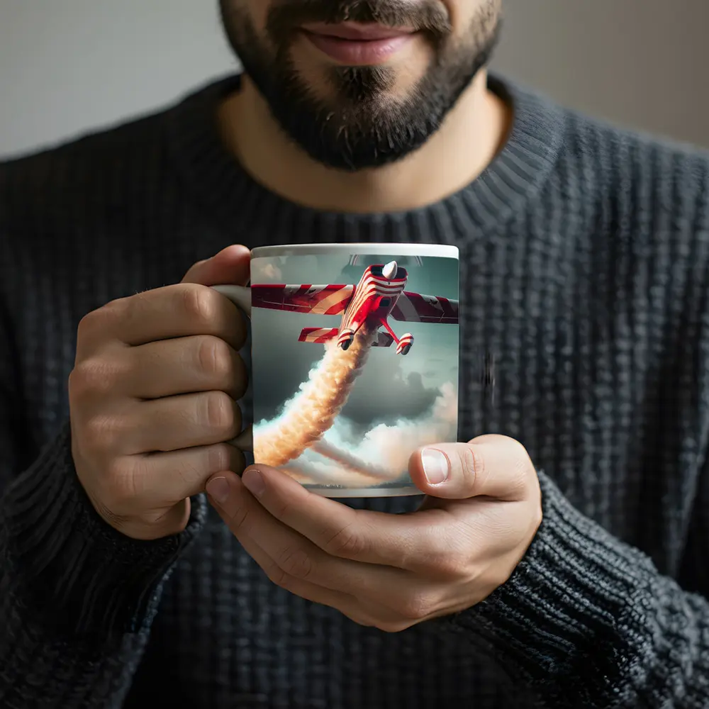 Red Striped Aerobatic Plane Over Crowd – Mugs