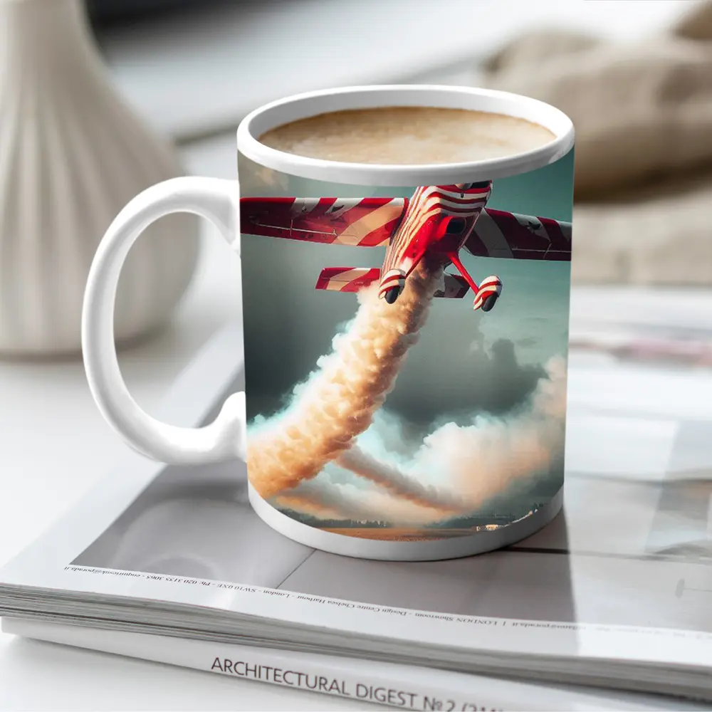 Red Striped Aerobatic Plane Over Crowd – Mugs