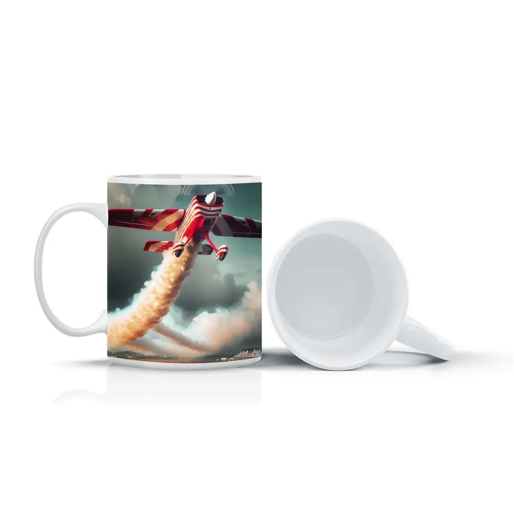 Red Striped Aerobatic Plane Over Crowd – Mugs