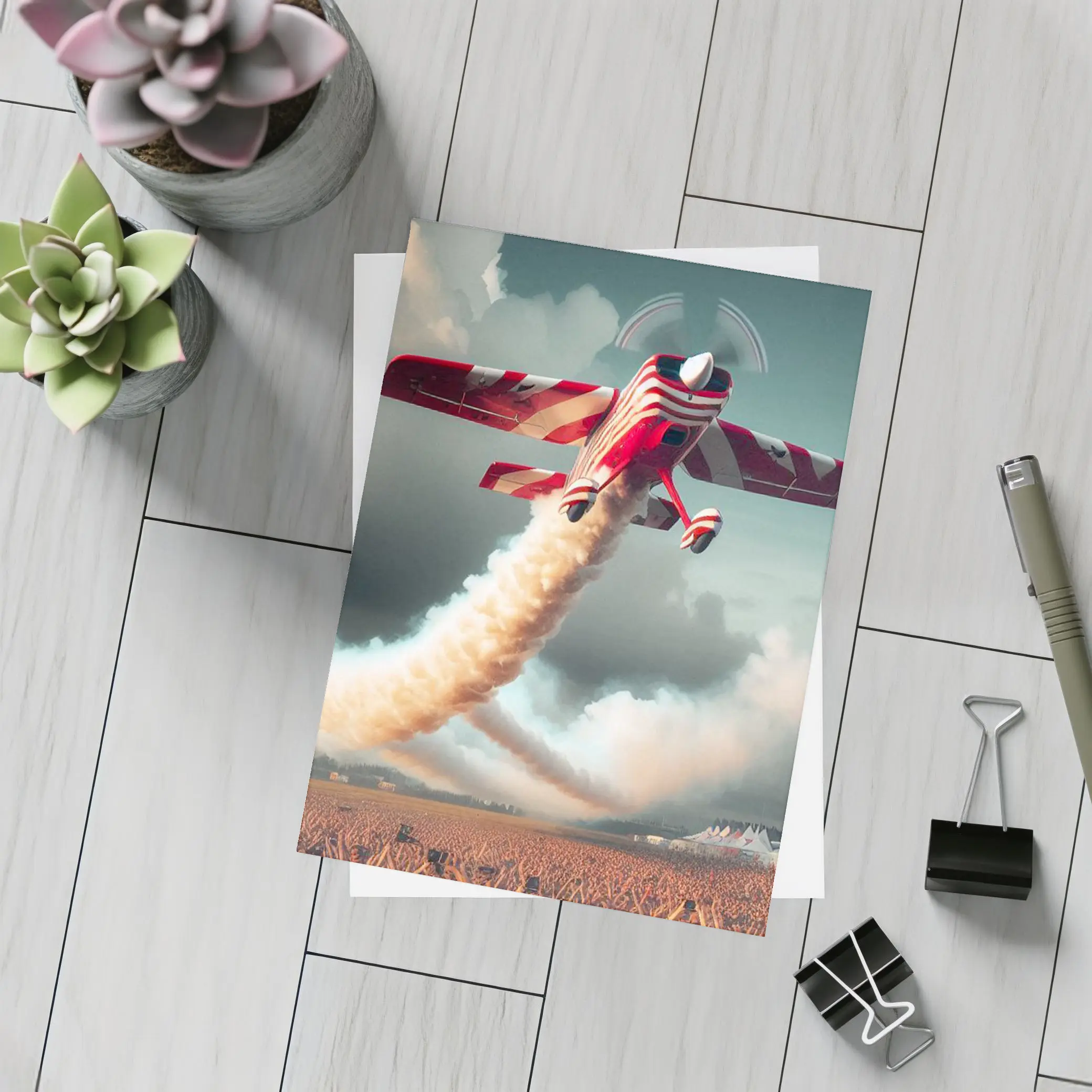 Red Striped Aerobatic Plane Over Crowd – Postcards