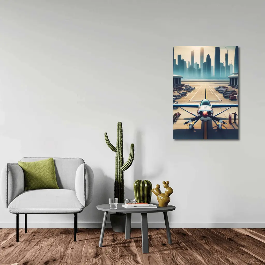 Propeller Plane On Airport Runway City Skyline – Wall Art