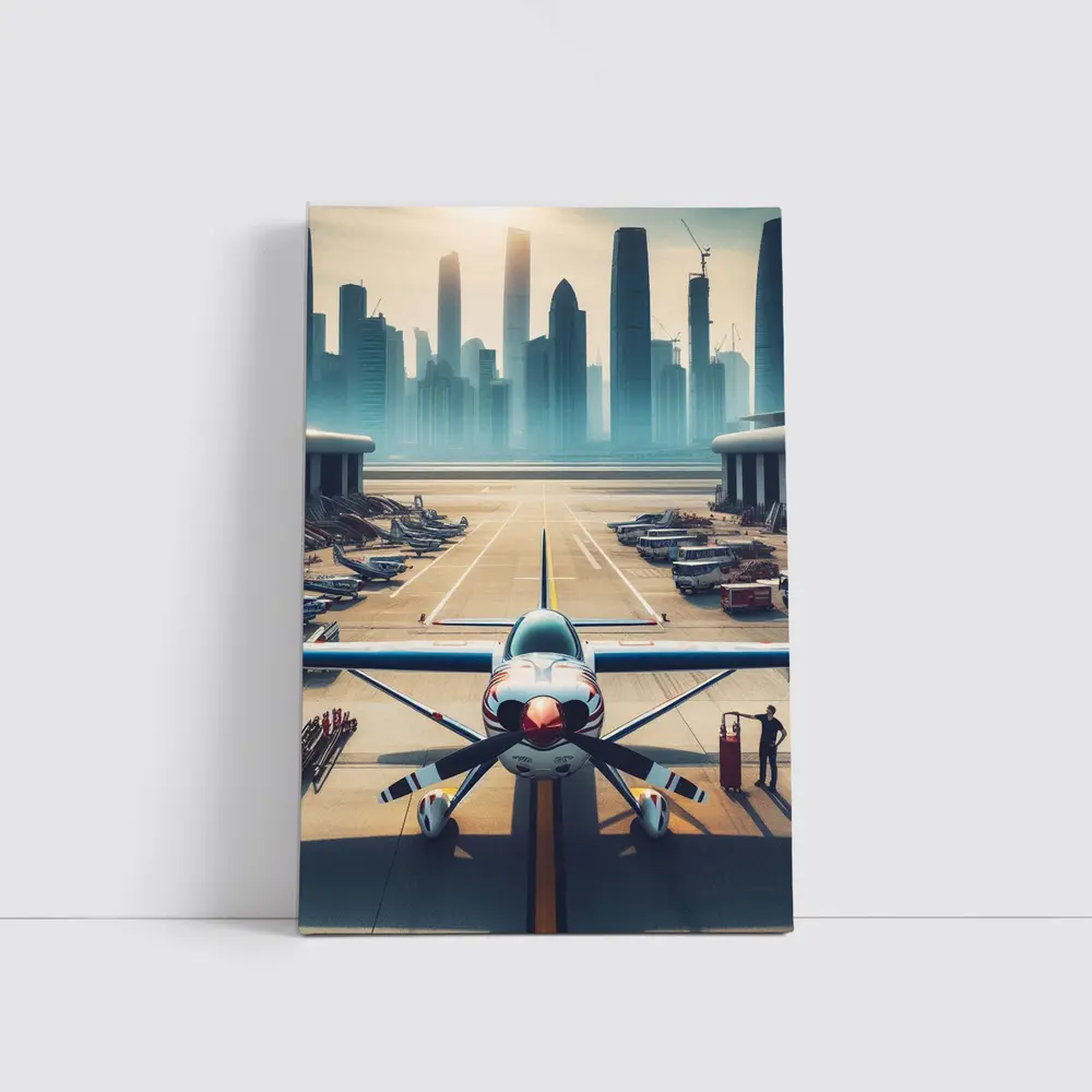 Propeller Plane On Airport Runway City Skyline – Wall Art
