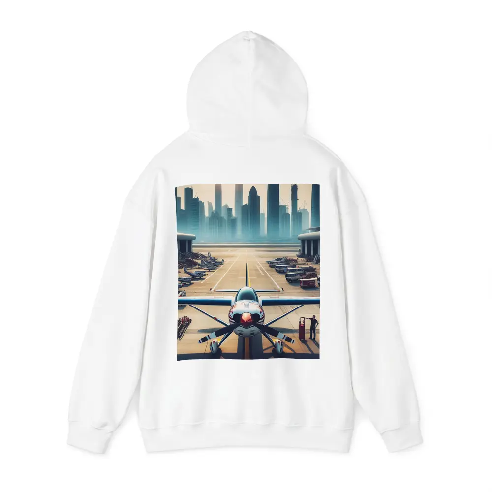 Propeller Plane On Airport Runway City Skyline – Hoodies