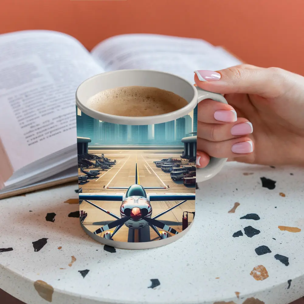 Propeller Plane On Airport Runway City Skyline – Mugs