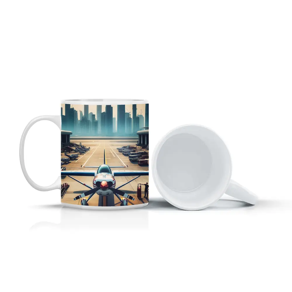 Propeller Plane On Airport Runway City Skyline – Mugs