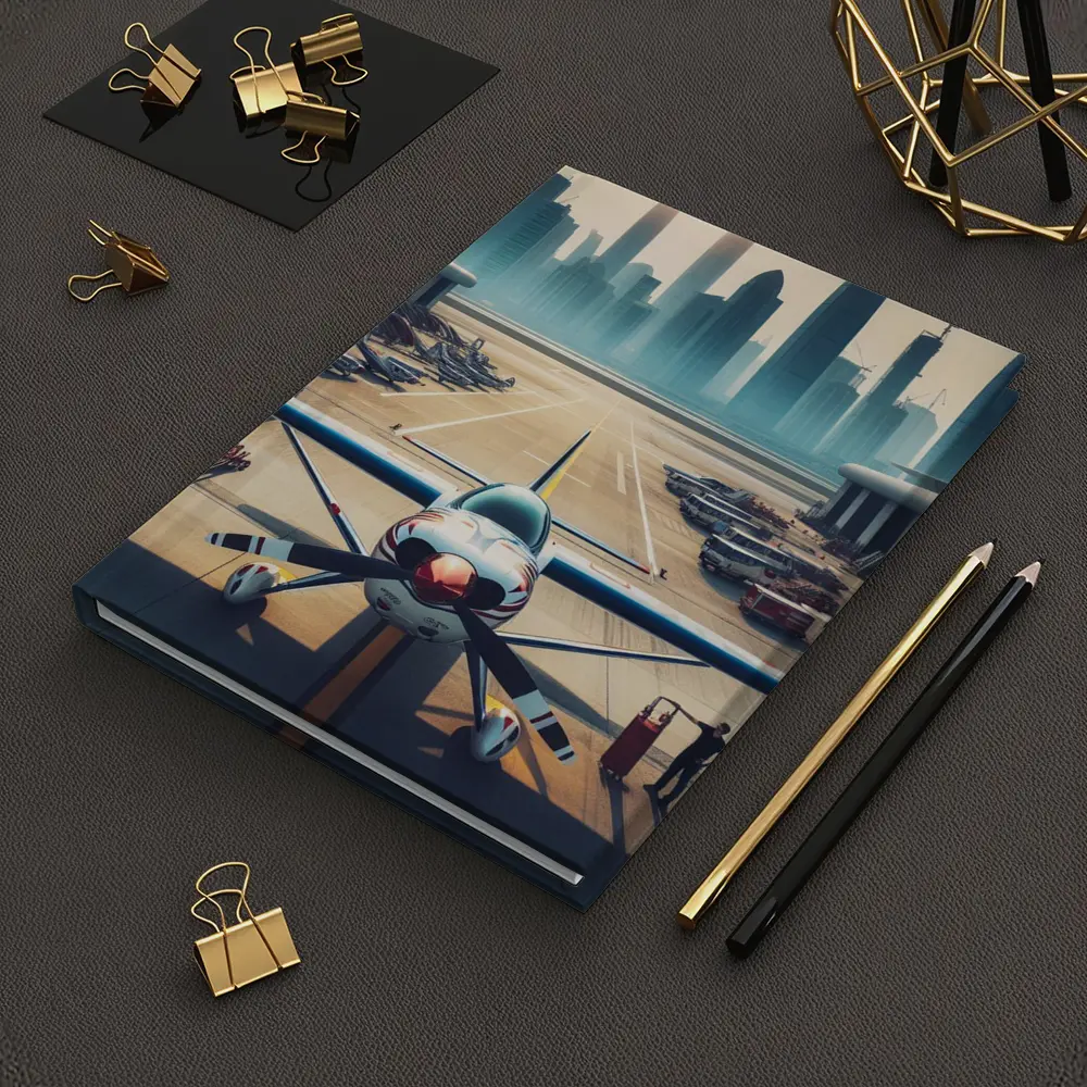Propeller Plane On Airport Runway City Skyline – Notebooks
