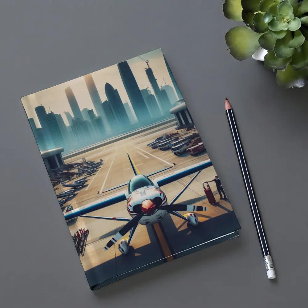 Propeller Plane On Airport Runway City Skyline – Notebooks