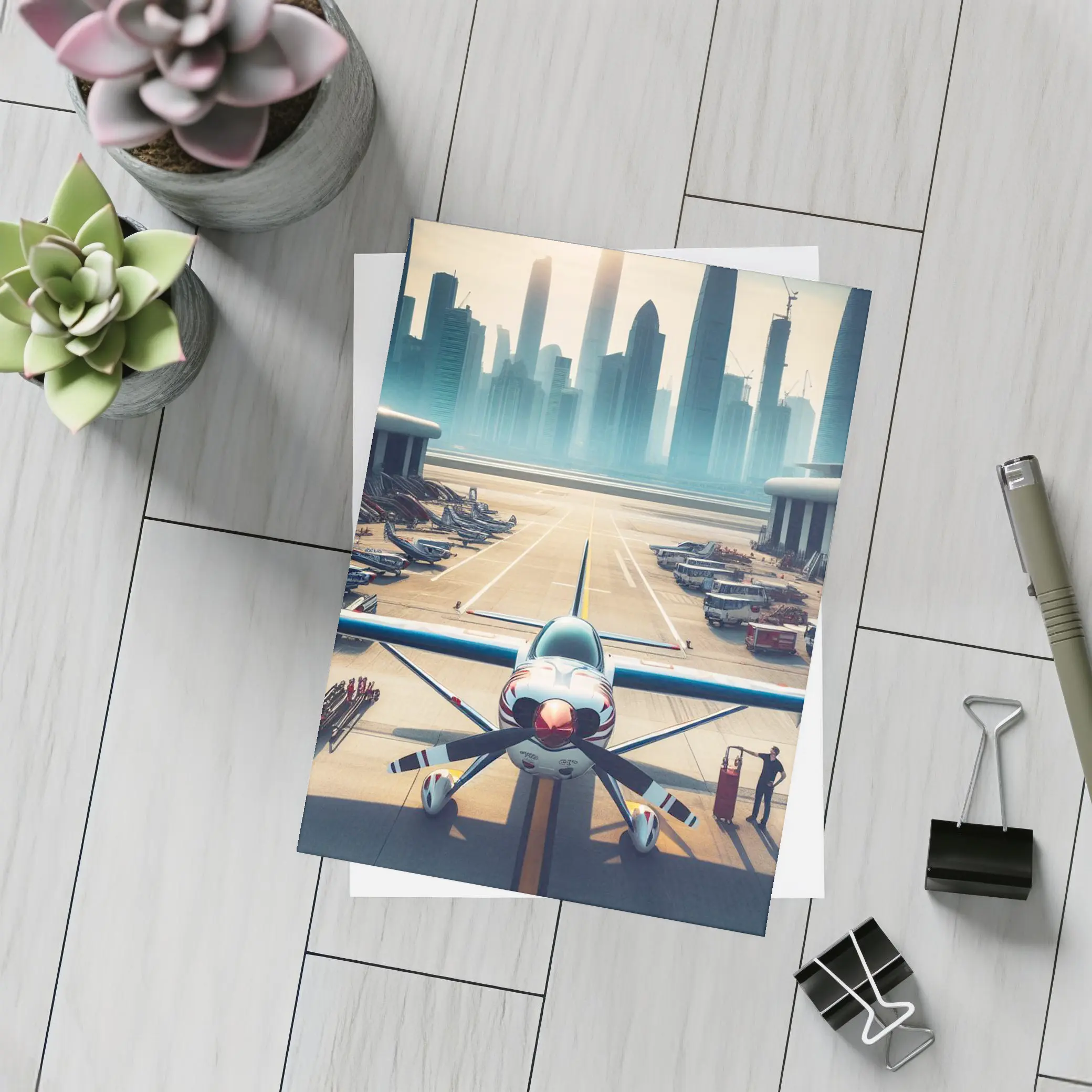 Propeller Plane On Airport Runway City Skyline – Postcards