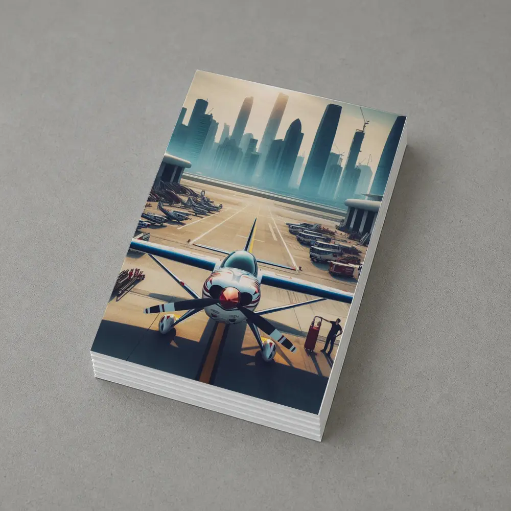Propeller Plane On Airport Runway City Skyline – Postcards