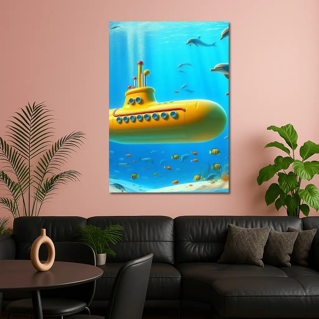 Yellow Submarine Underwater Ocean Dolphins Fish – Wall Art