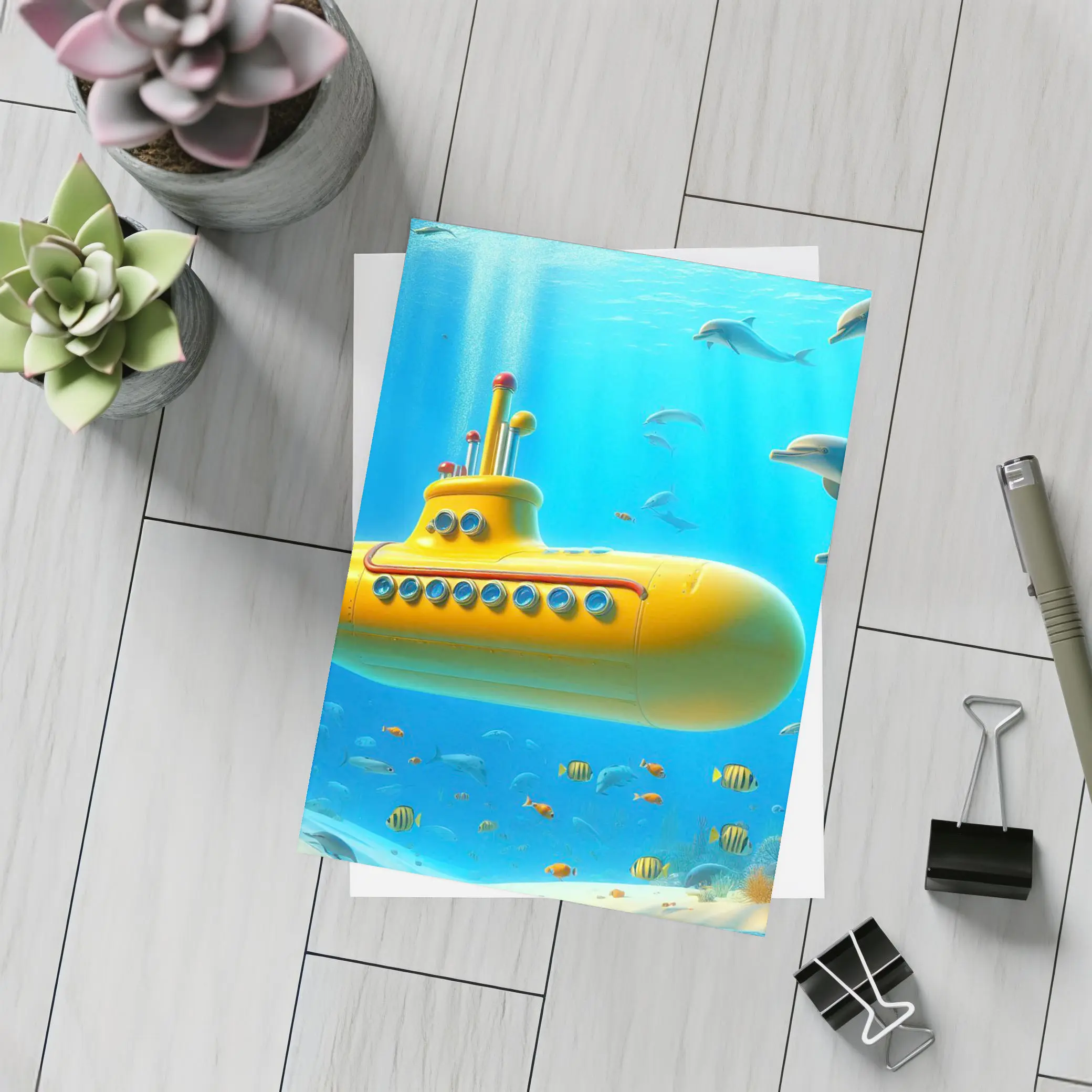 Yellow Submarine Underwater Ocean Dolphins Fish – Postcards