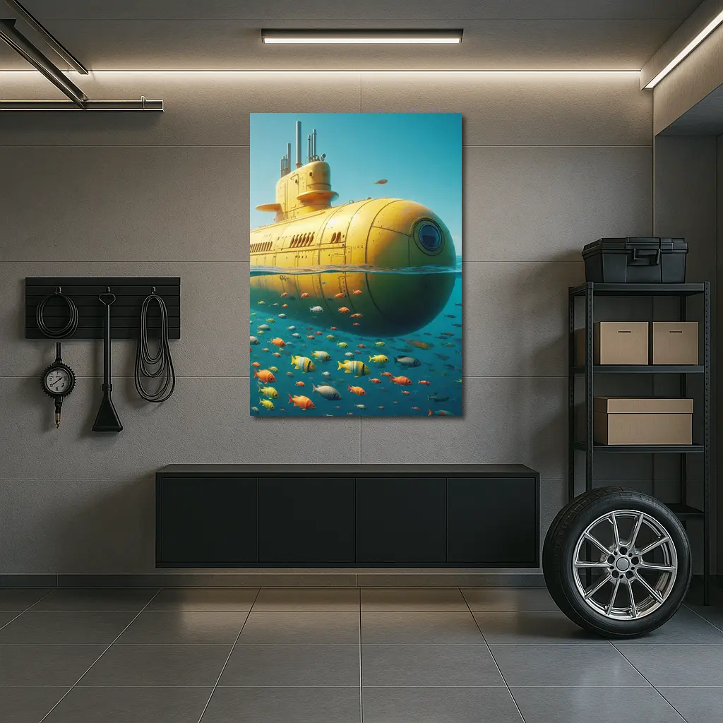 Yellow Submarine Floating Above Tropical Fish – Wall Art