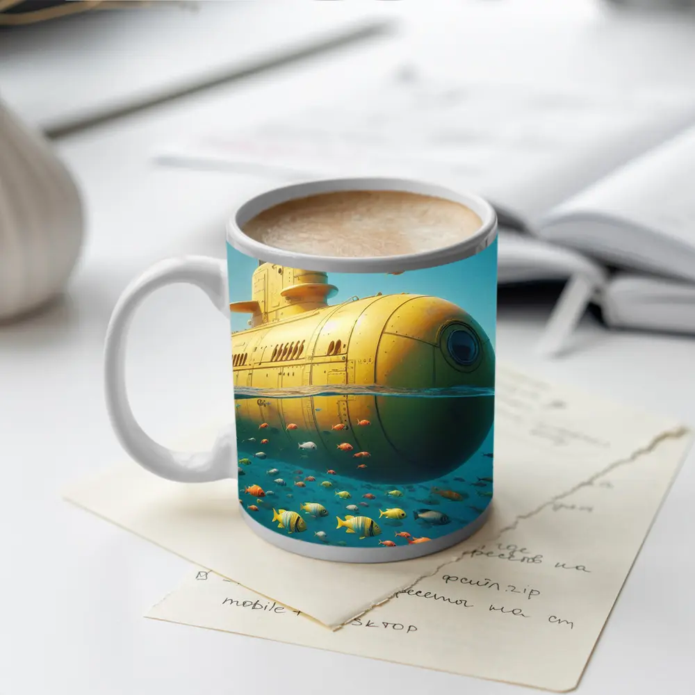 Yellow Submarine Floating Above Tropical Fish – Mugs