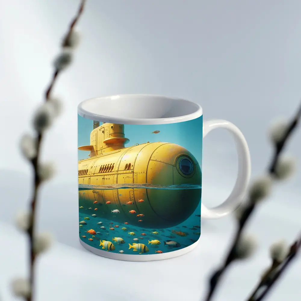 Yellow Submarine Floating Above Tropical Fish – Mugs
