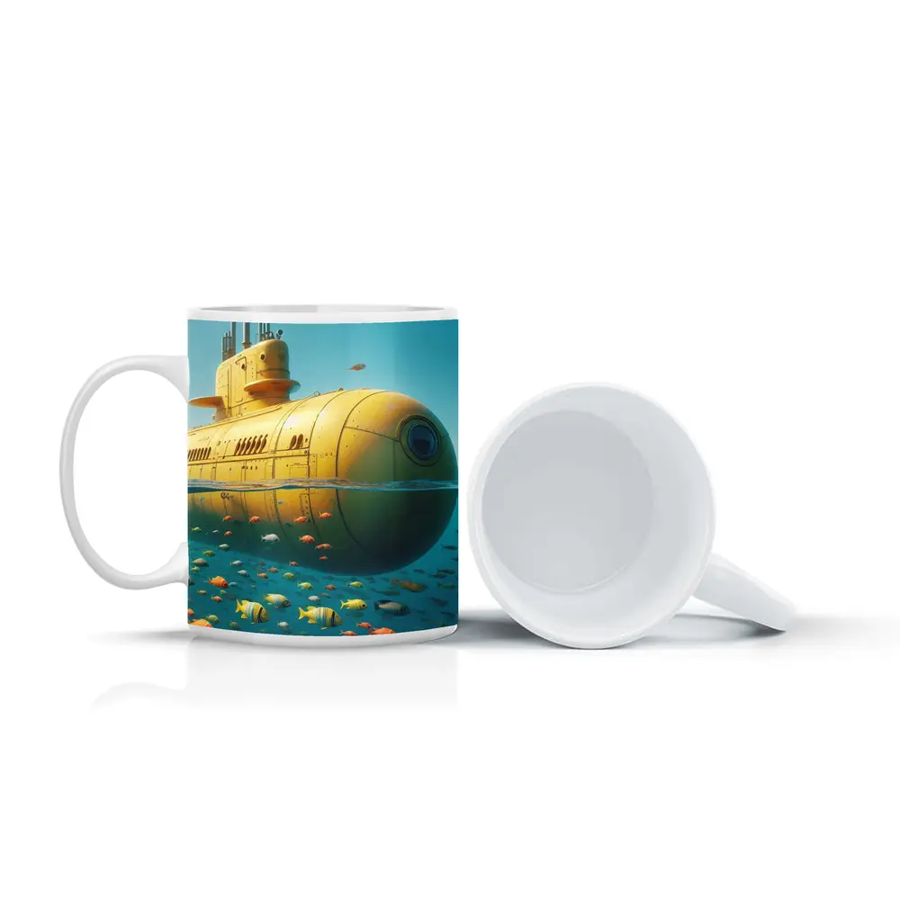 Yellow Submarine Floating Above Tropical Fish – Mugs