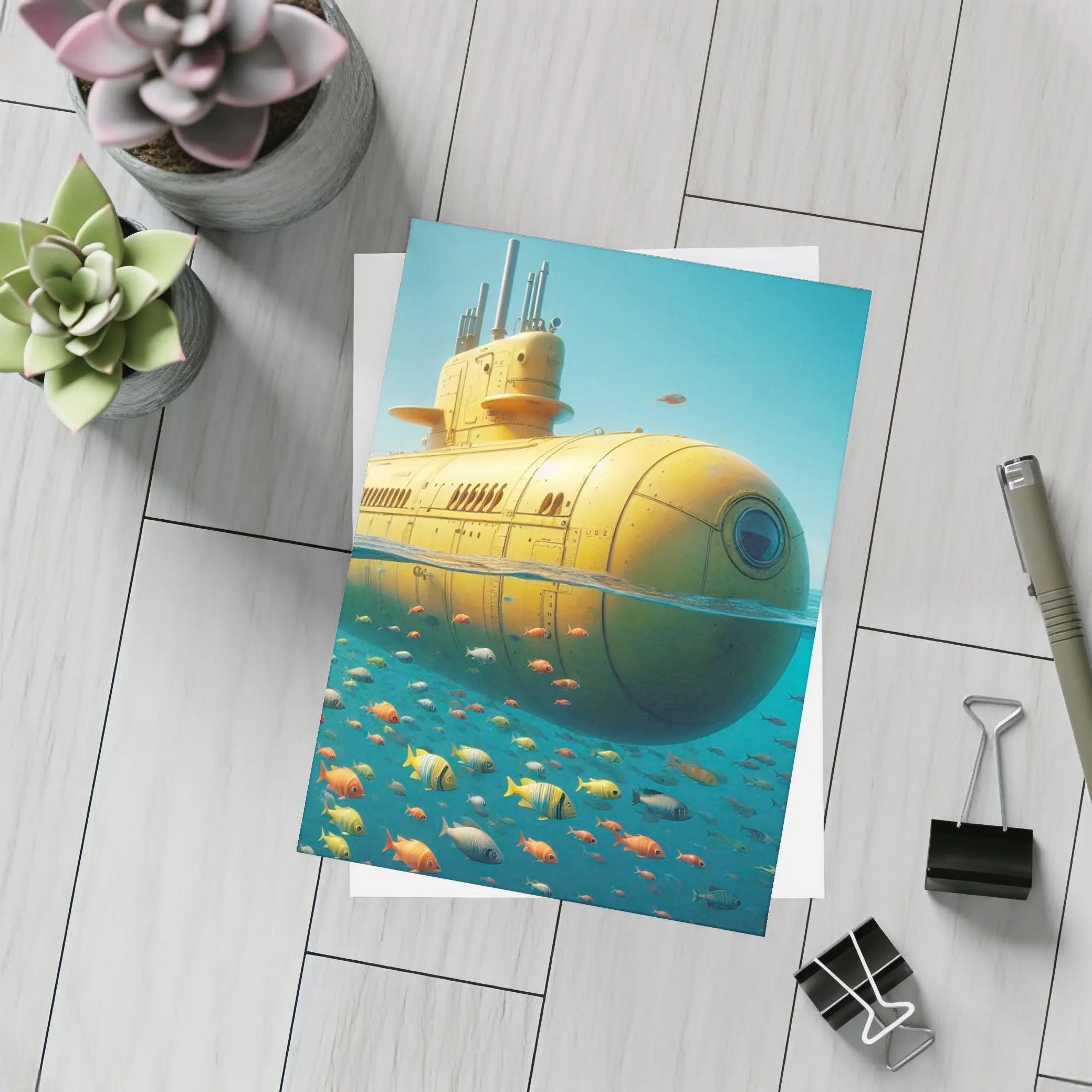 Yellow Submarine Floating Above Tropical Fish – Postcards