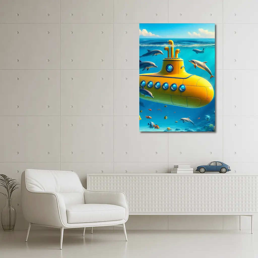 Yellow Submarine Underwater Dolphins Ocean Scene – Wall Art