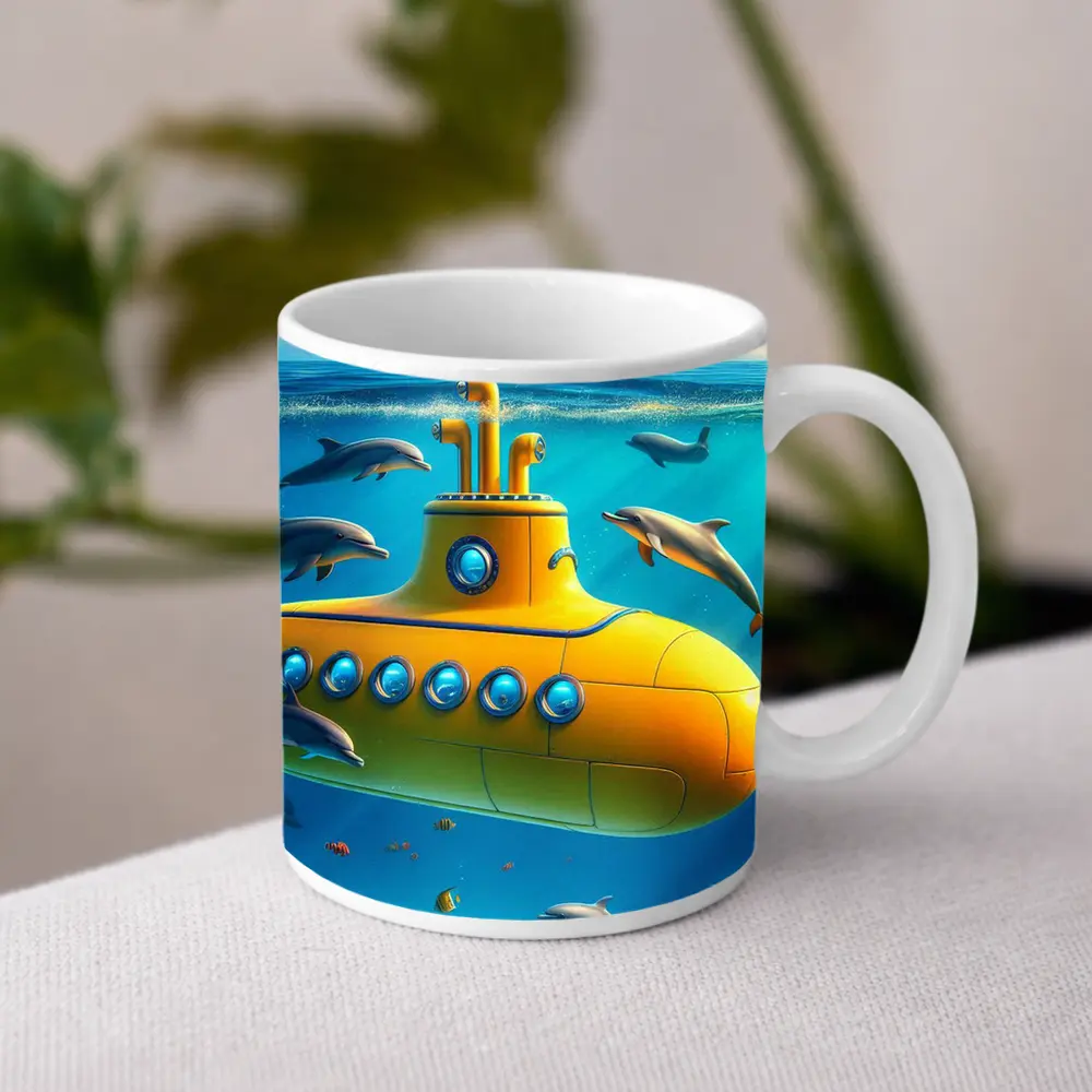 Yellow Submarine Underwater Dolphins Ocean Scene – Mugs