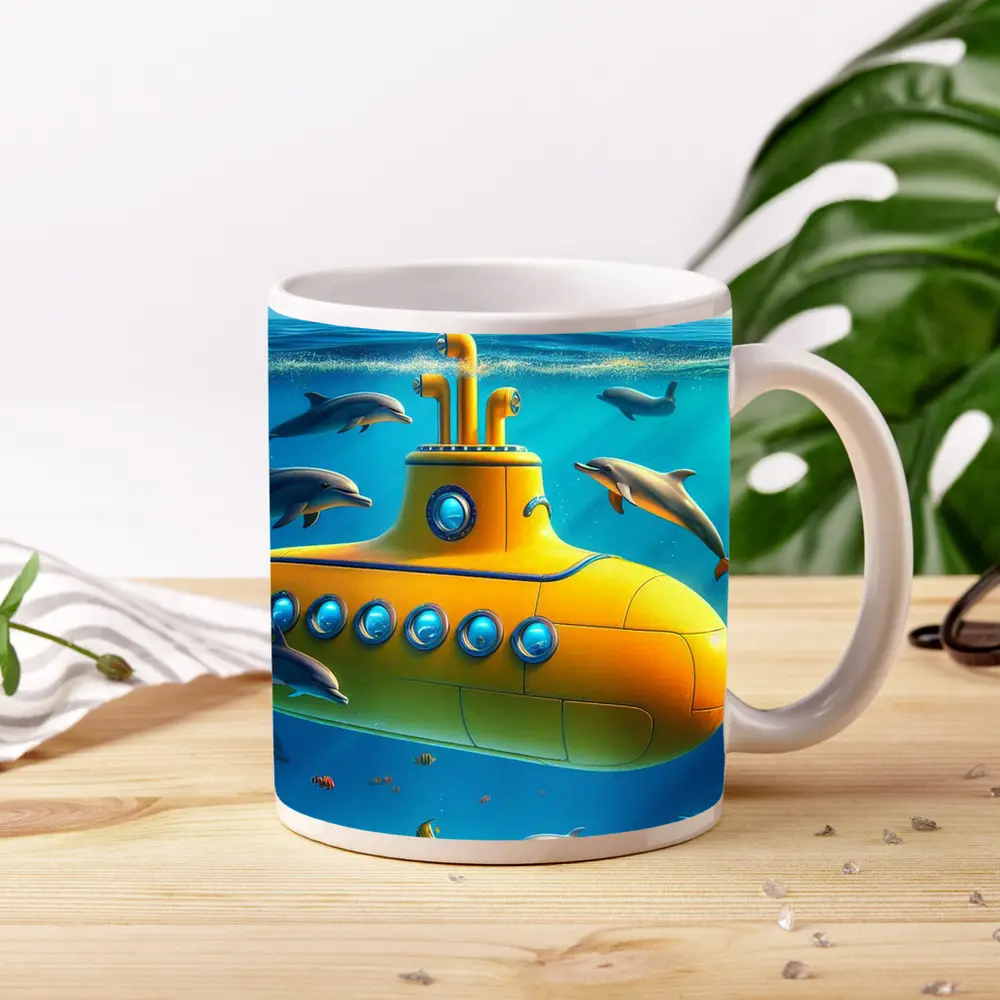 Yellow Submarine Underwater Dolphins Ocean Scene – Mugs