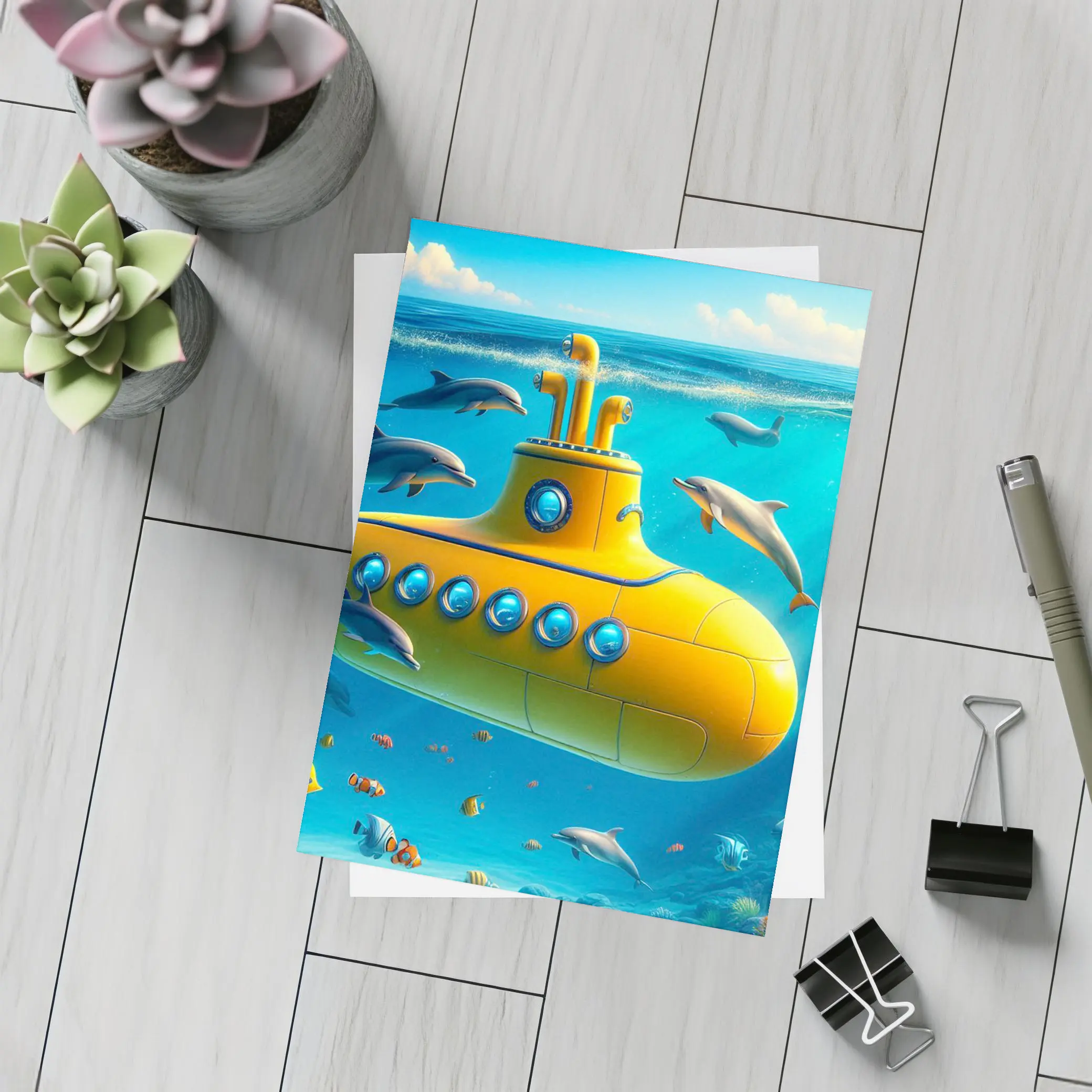 Yellow Submarine Underwater Dolphins Ocean Scene – Postcards