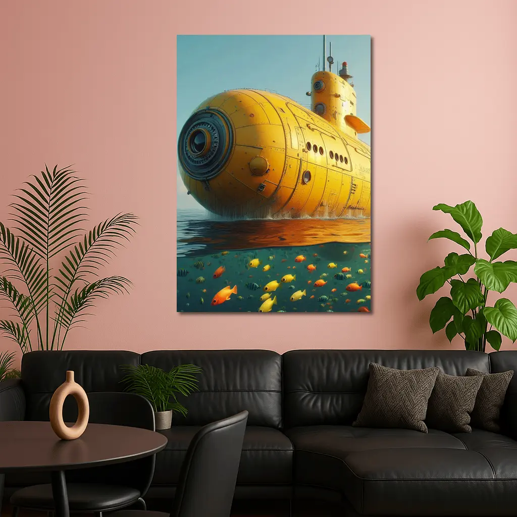 Yellow Submarine Surfacing Over Tropical Fish – Wall Art