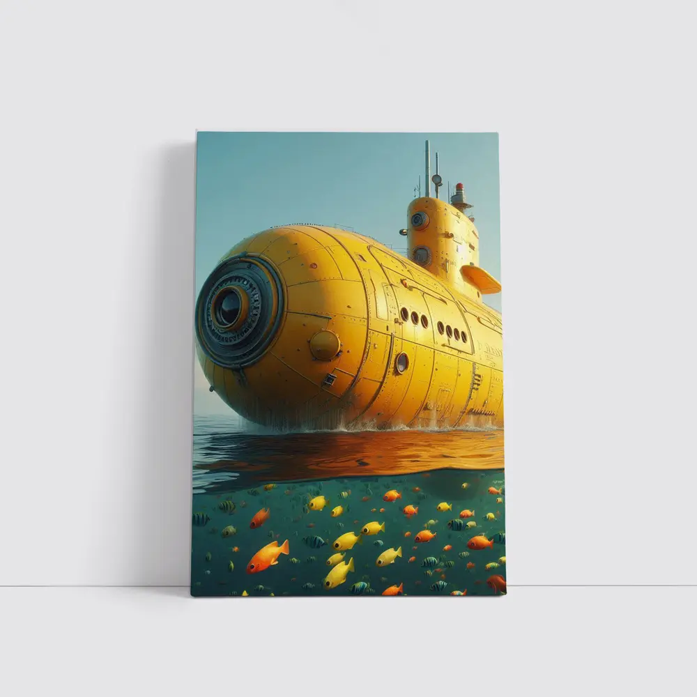 Yellow Submarine Surfacing Over Tropical Fish – Wall Art