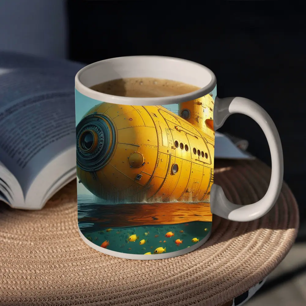 Yellow Submarine Surfacing Over Tropical Fish – Mugs