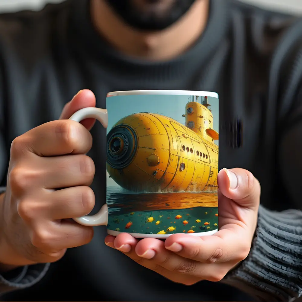 Yellow Submarine Surfacing Over Tropical Fish – Mugs