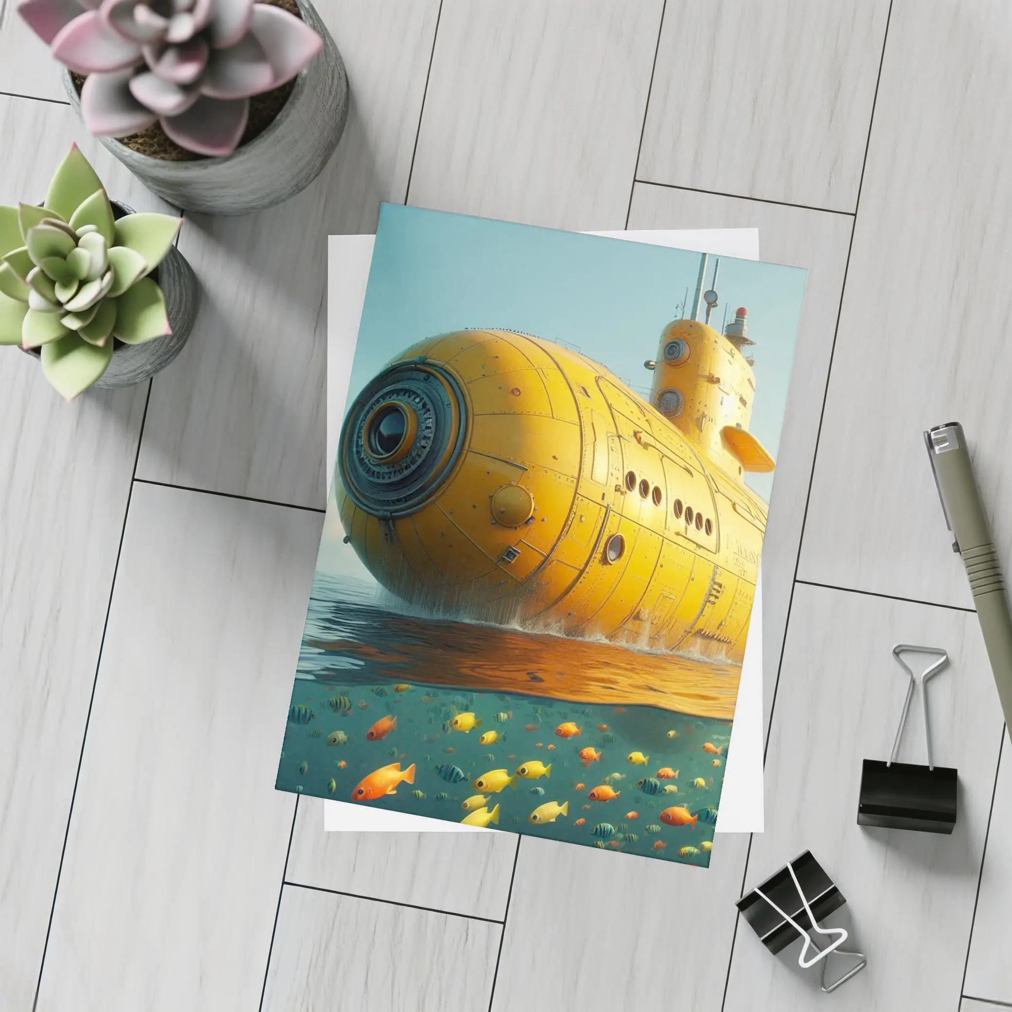 Yellow Submarine Surfacing Over Tropical Fish – Postcards