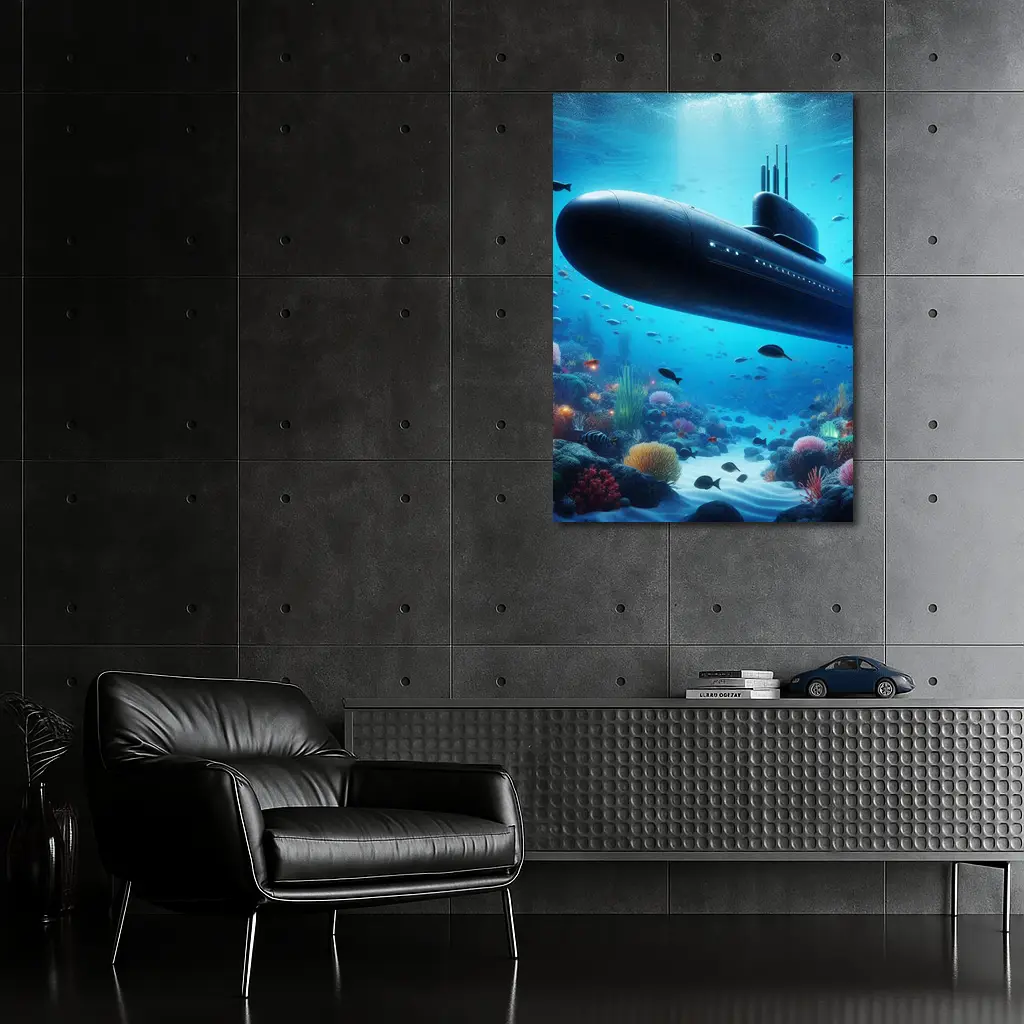 Military Submarine Gliding Over Coral Reef – Wall Art