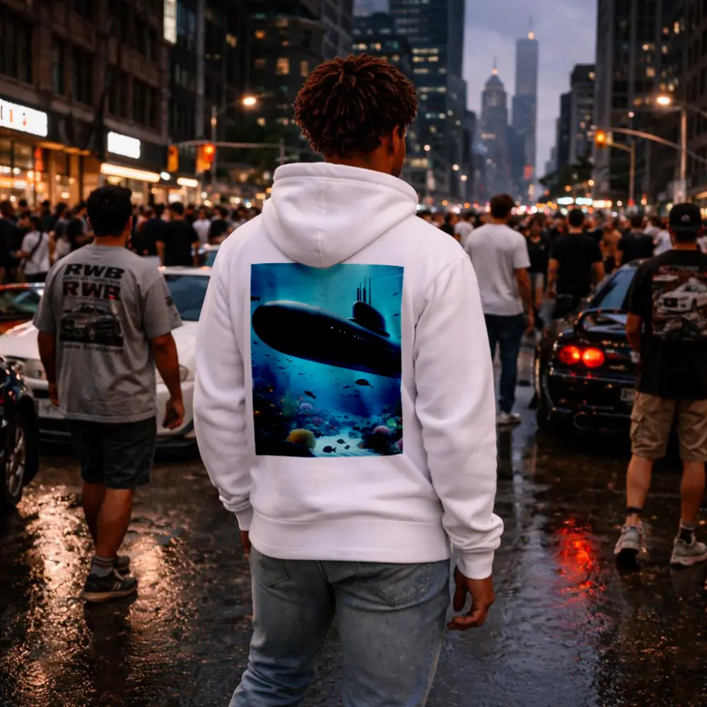 Military Submarine Gliding Over Coral Reef – Hoodies
