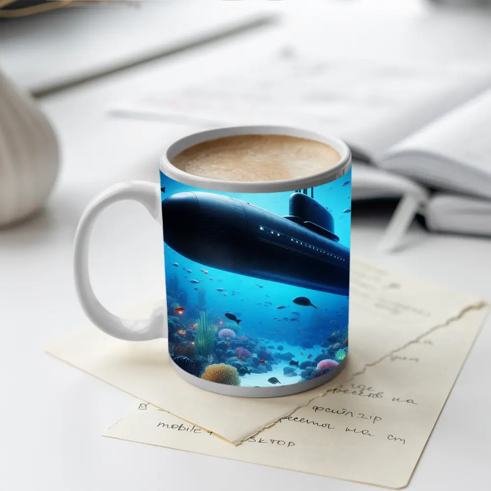 Military Submarine Gliding Over Coral Reef – Mugs