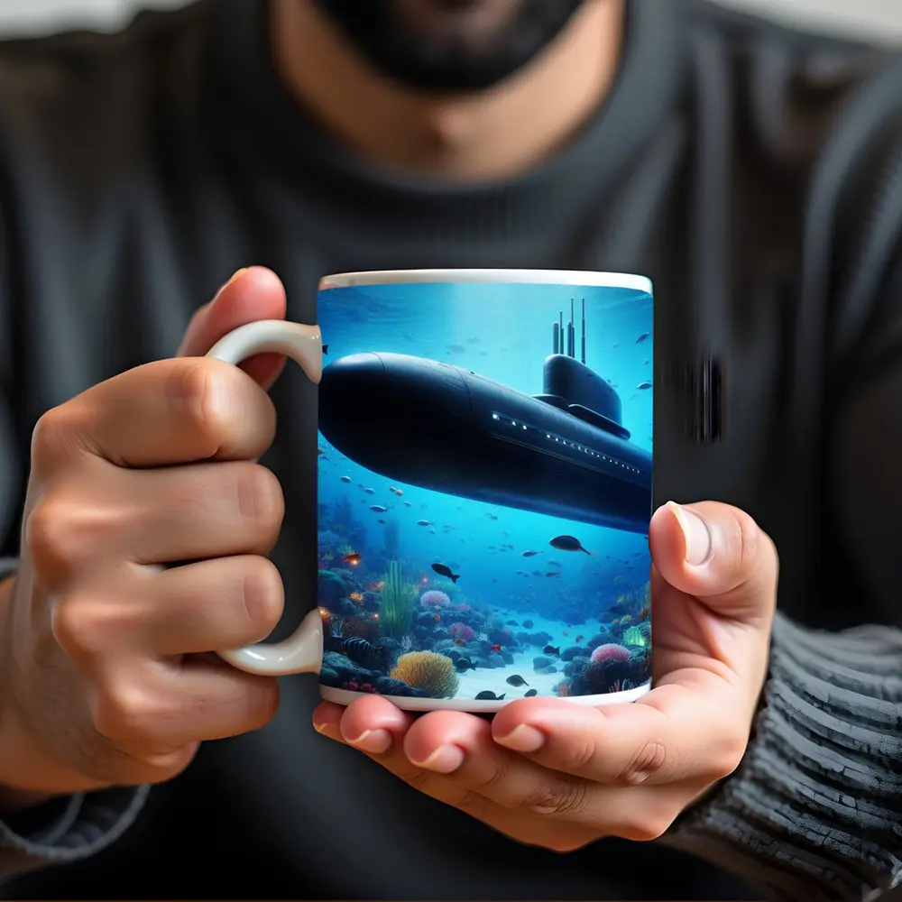 Military Submarine Gliding Over Coral Reef – Mugs