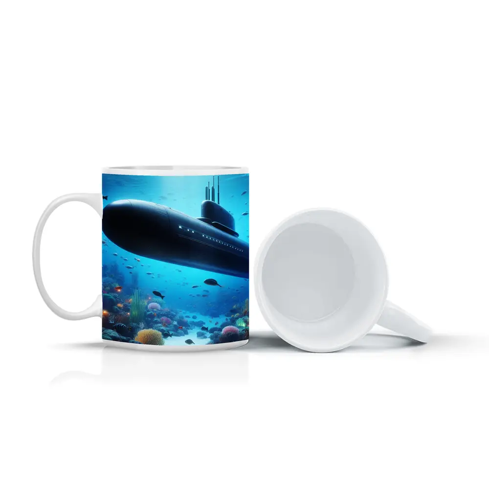 Military Submarine Gliding Over Coral Reef – Mugs