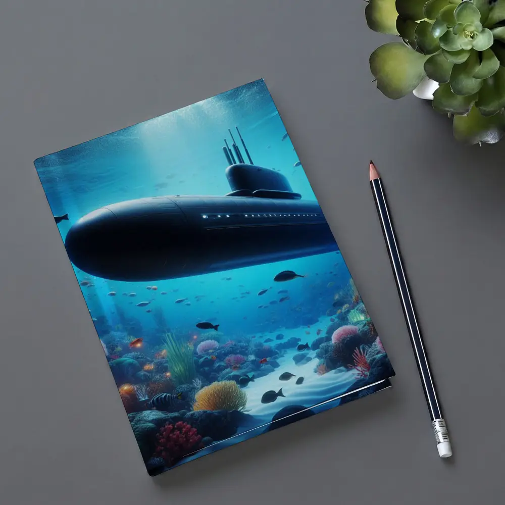 Military Submarine Gliding Over Coral Reef – Notebooks