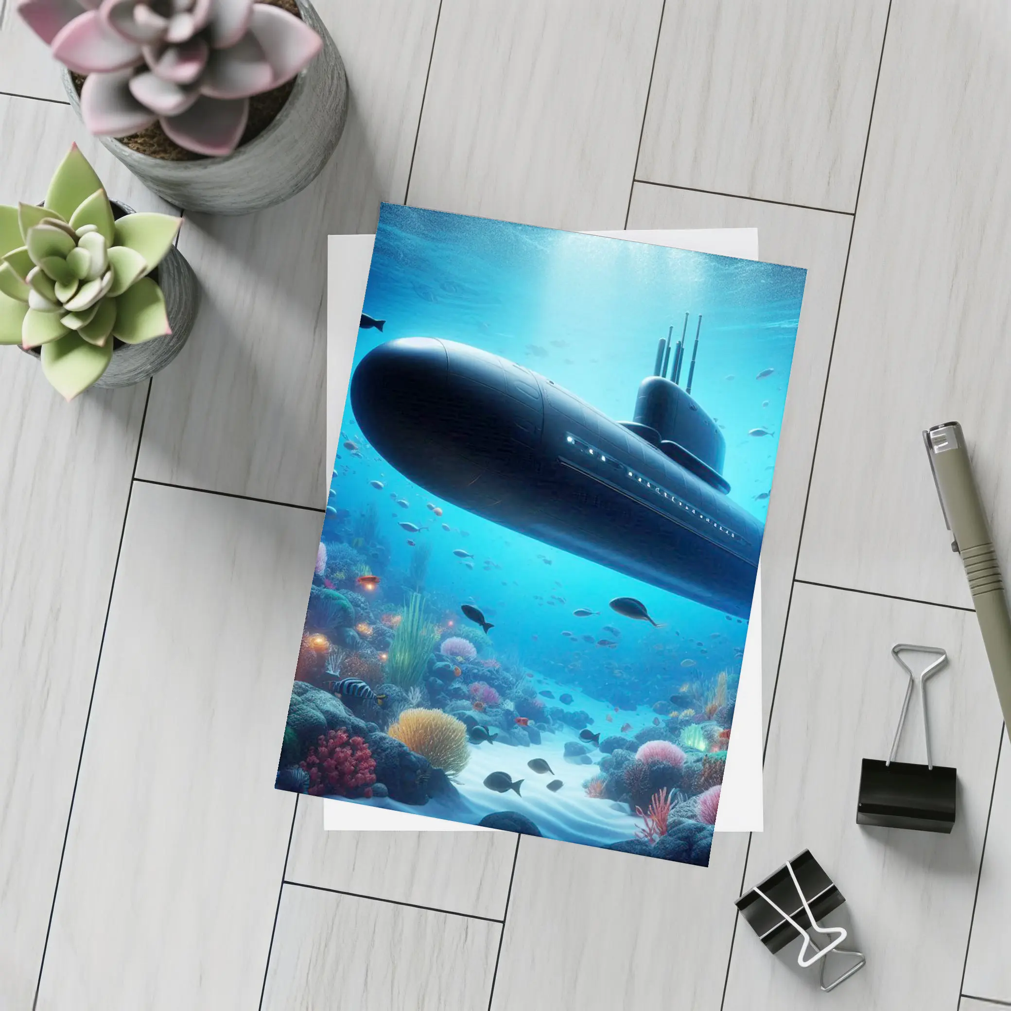 Military Submarine Gliding Over Coral Reef – Postcards