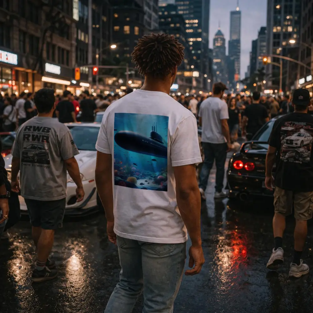 Military Submarine Gliding Over Coral Reef – T-Shirts