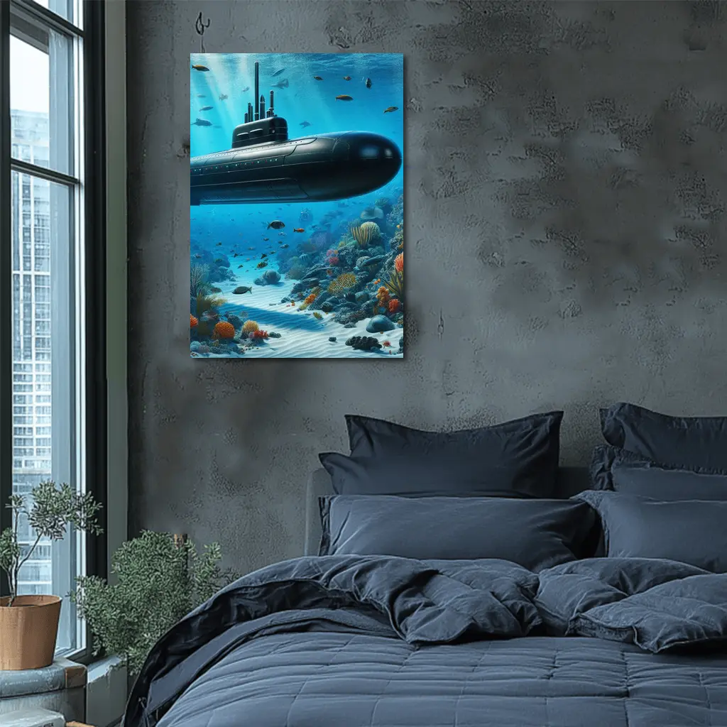 Black Submarine Underwater Coral Reef Scene – Wall Art
