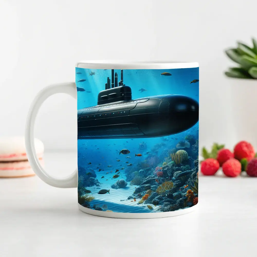 Black Submarine Underwater Coral Reef Scene – Mugs