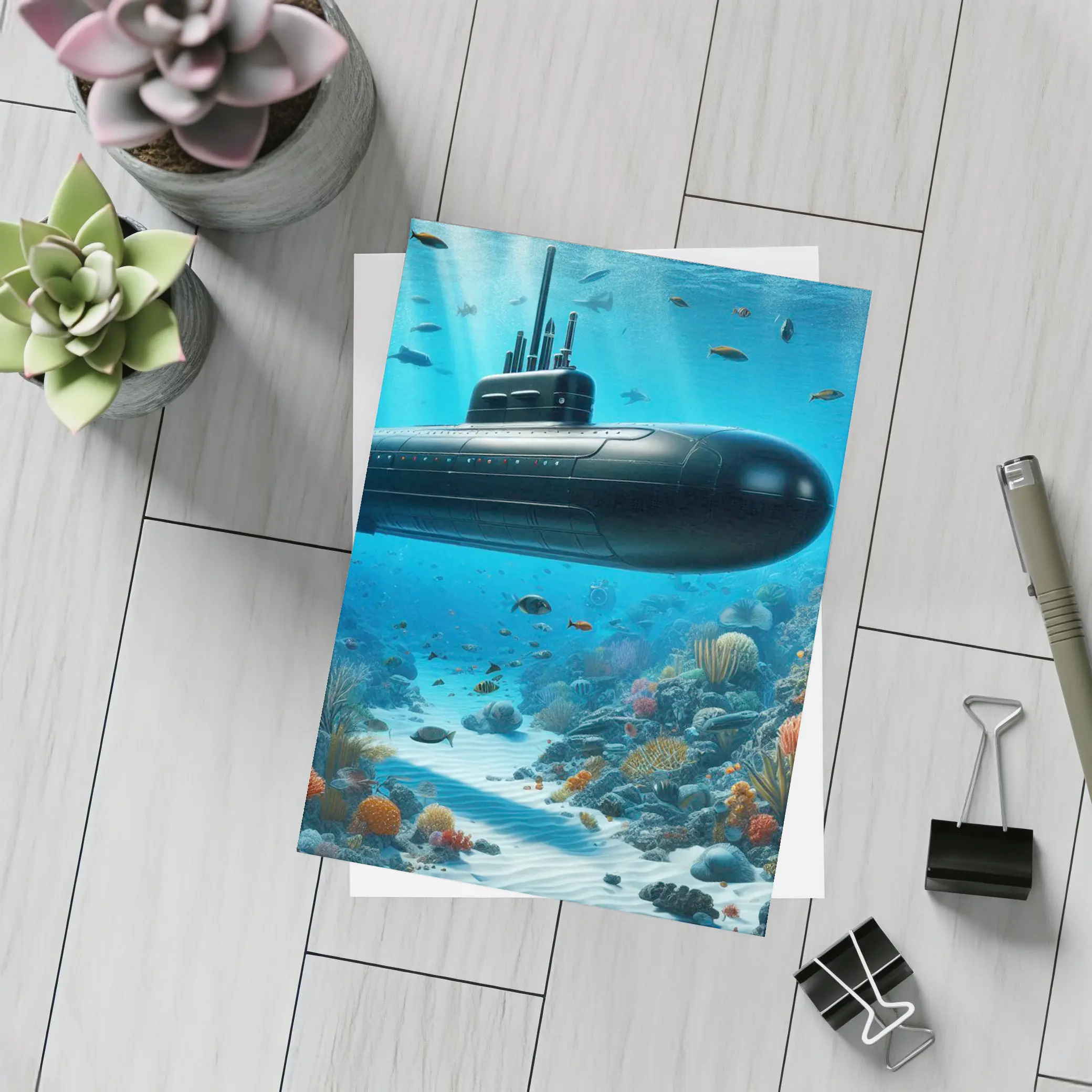 Black Submarine Underwater Coral Reef Scene – Postcards