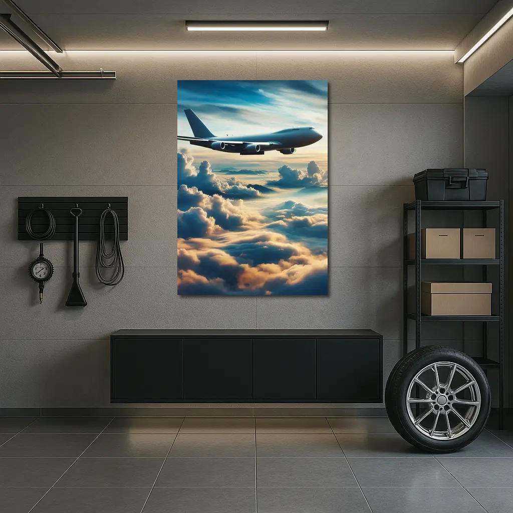 Large Airplane Flying Above Golden Clouds – Wall Art