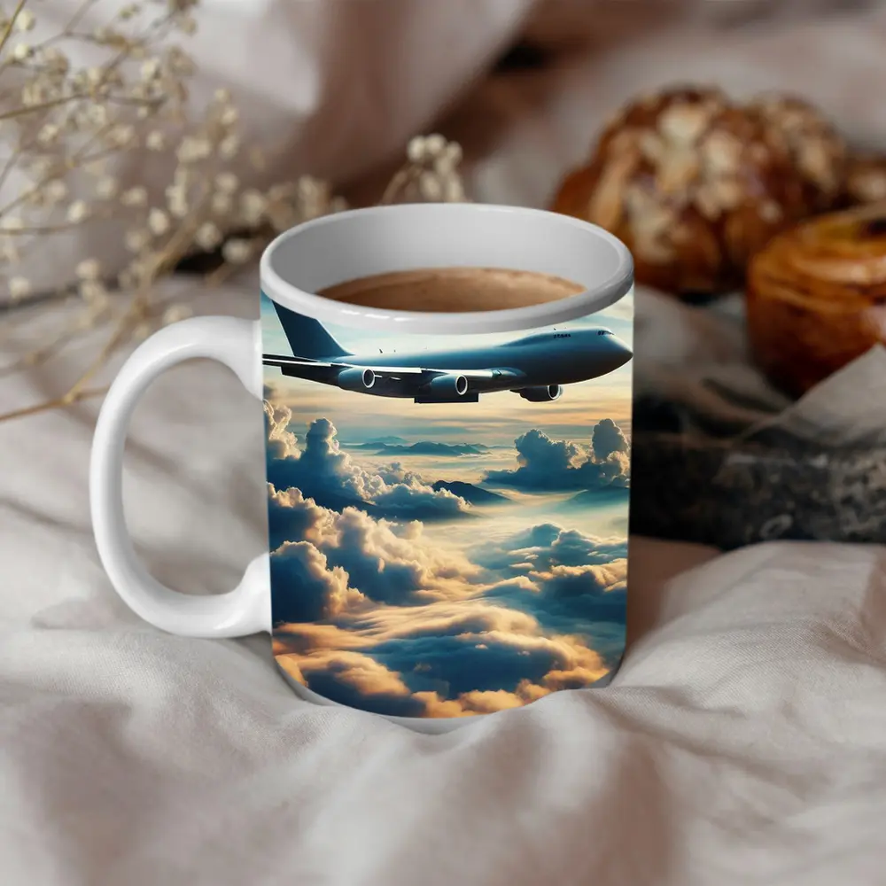 Large Airplane Flying Above Golden Clouds – Mugs