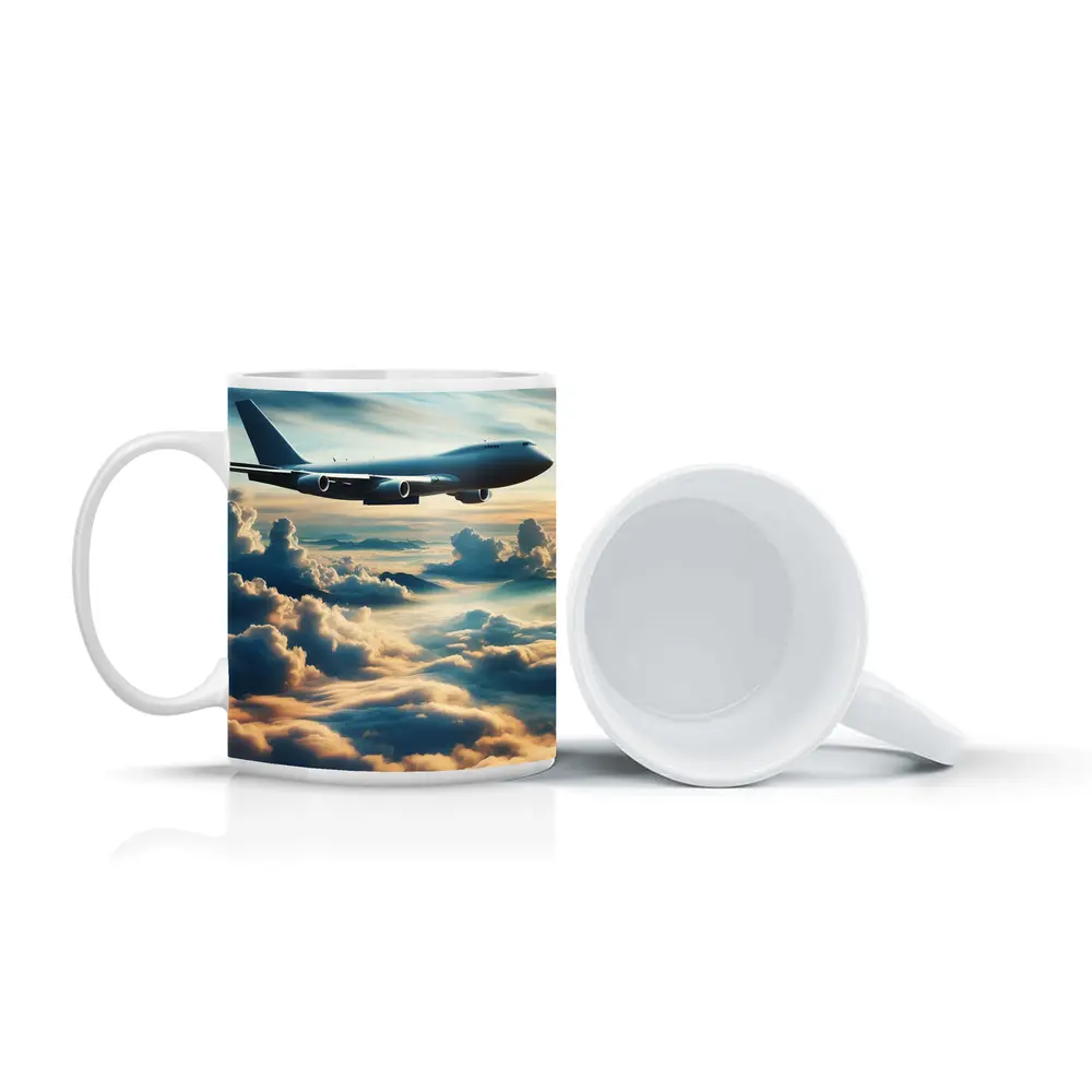 Large Airplane Flying Above Golden Clouds – Mugs