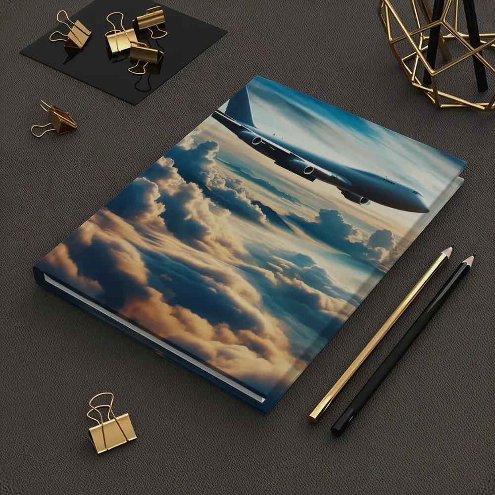 Large Airplane Flying Above Golden Clouds – Notebooks