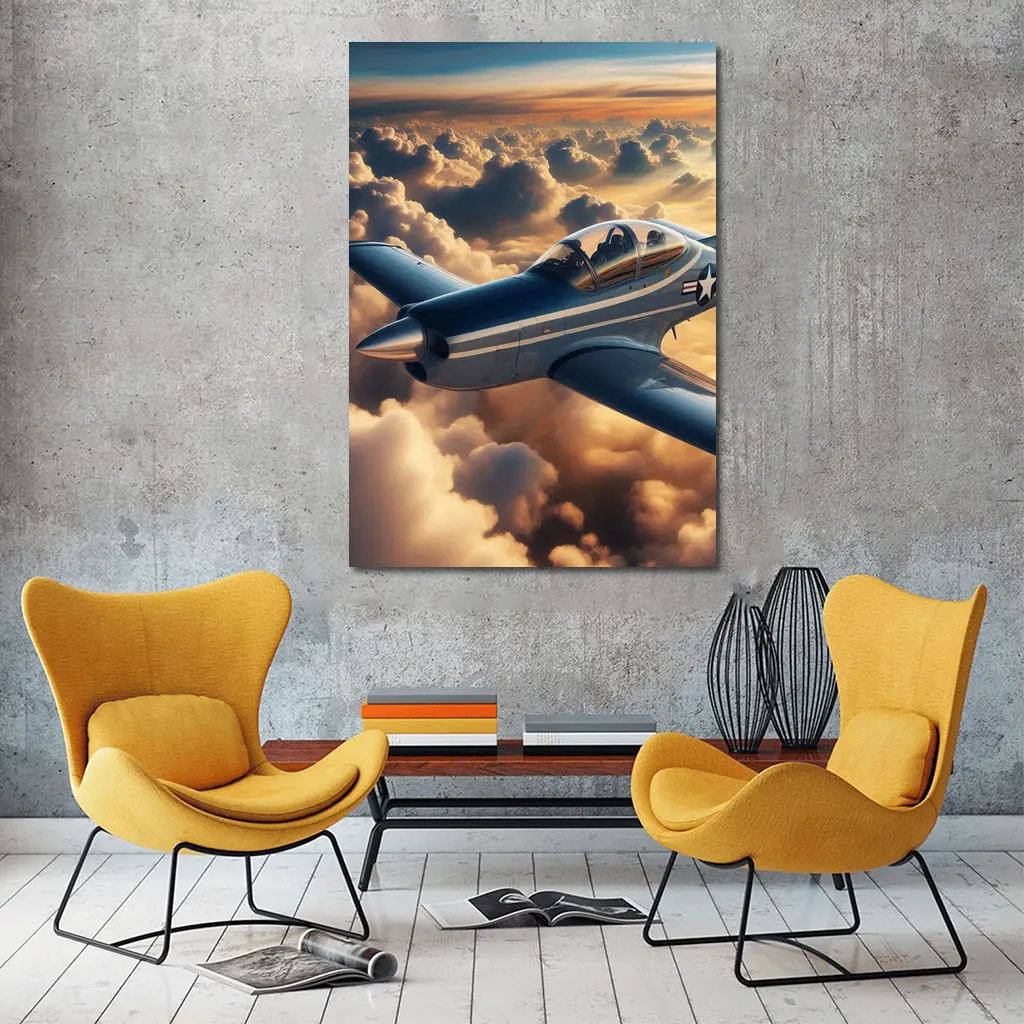 Vintage Military Airplane Flying Above Clouds – Wall Art