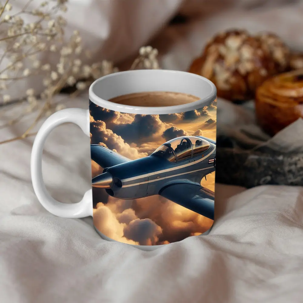 Vintage Military Airplane Flying Above Clouds – Mugs