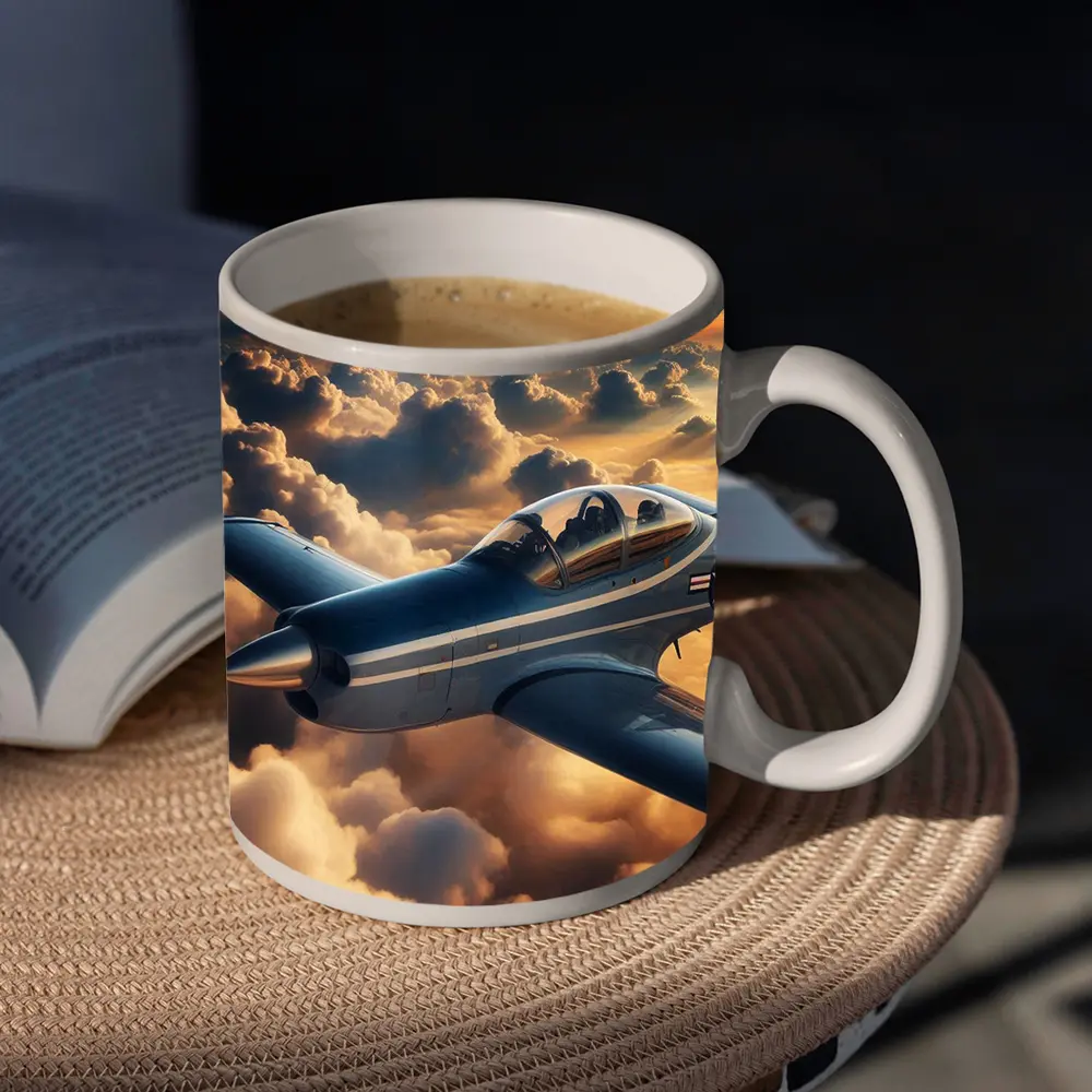 Vintage Military Airplane Flying Above Clouds – Mugs