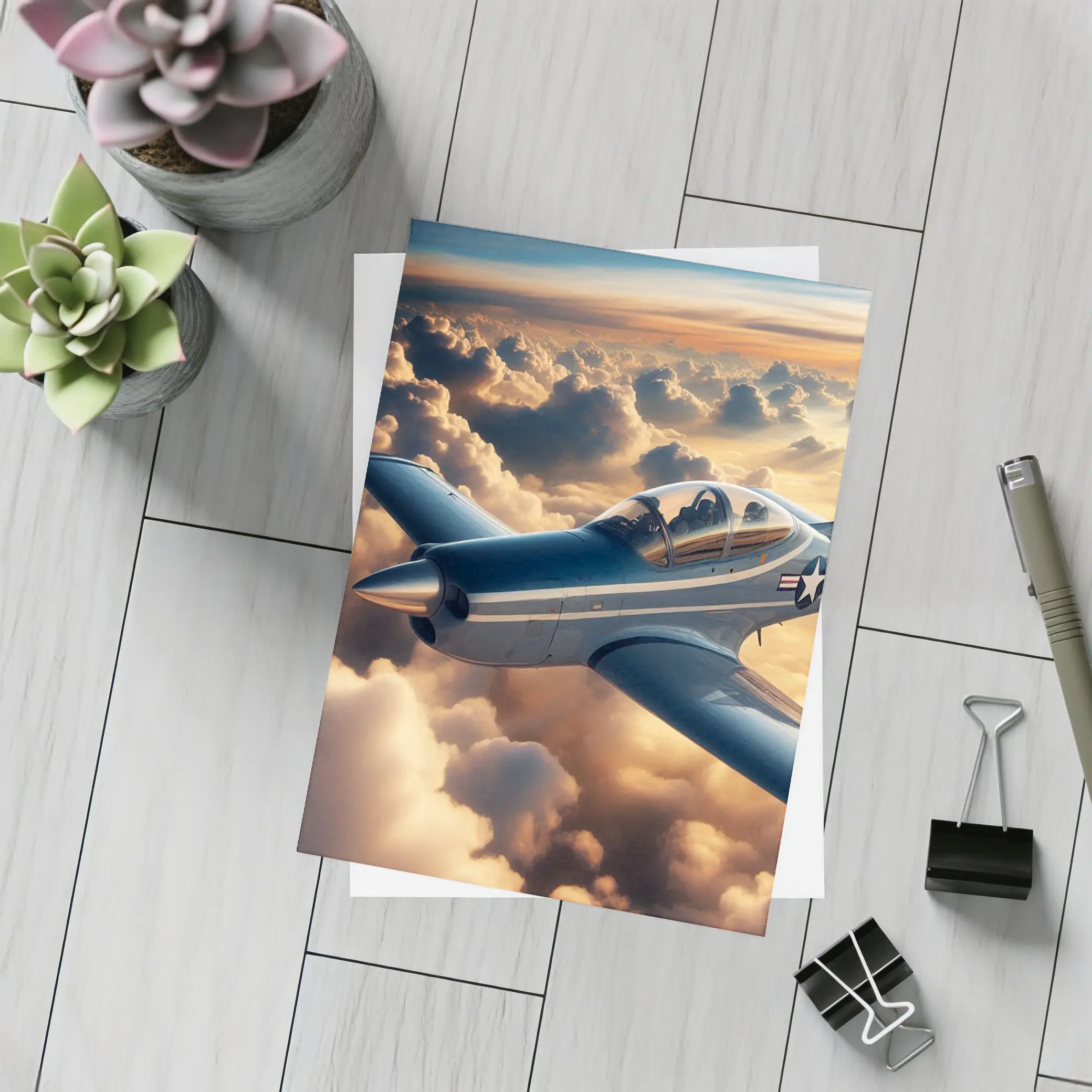 Vintage Military Airplane Flying Above Clouds – Postcards